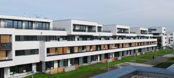 Weiße moderne Fassade mit schwarzumrahmten Fenstern dazu in Holz Sichtblenden im EG Mietergärten © Gesiba Weiße moderne Fassade mit schwarzumrahmten Fenstern dazu in Holz Sichtblenden im EG Mietergärten © Gesiba
